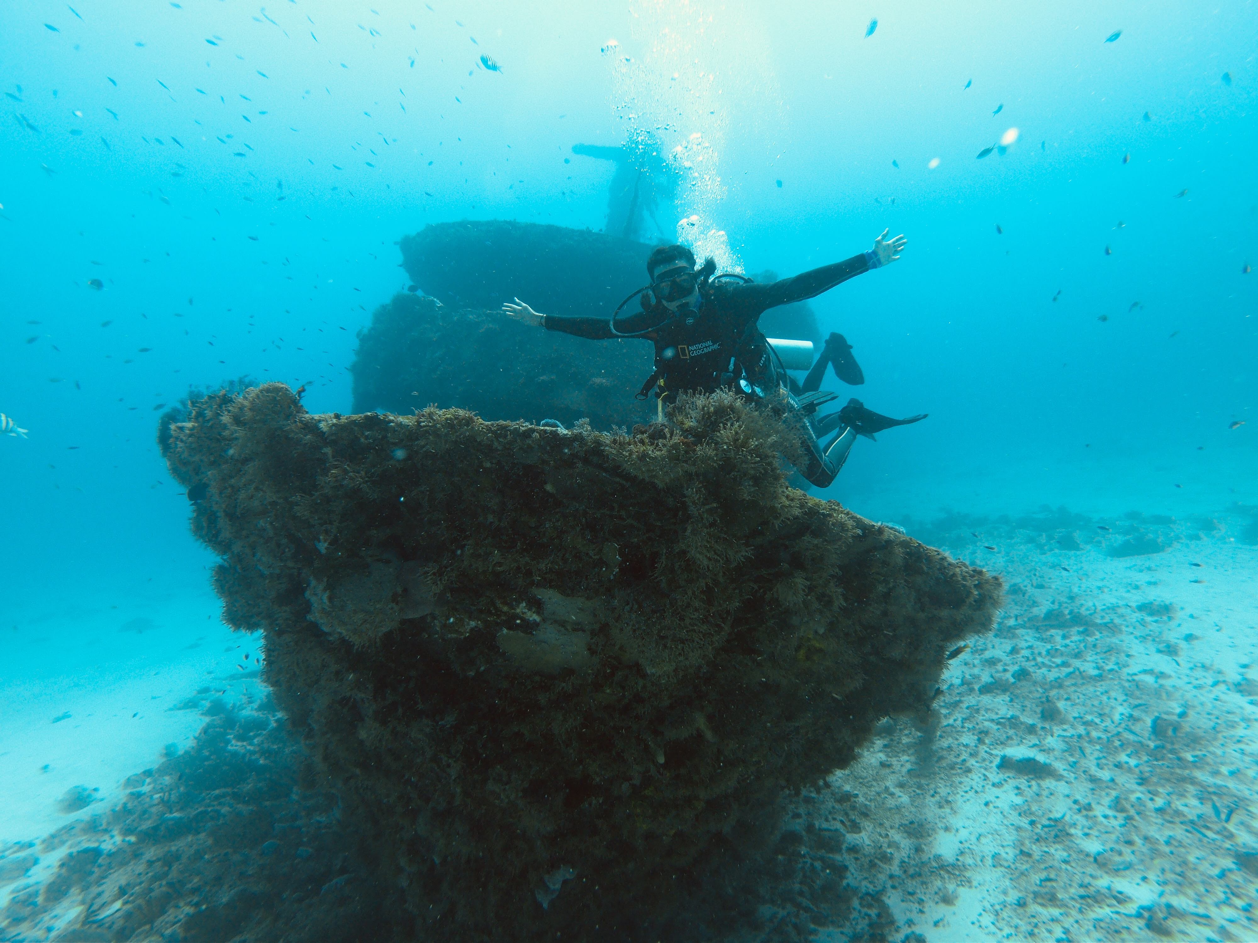 Playa del Carmen Wreck Dive Diver Over Shipwreck